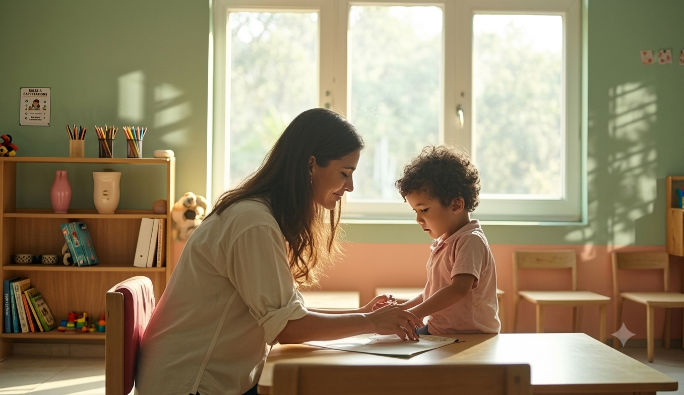 Teacher supporting a child at Shri Ponni